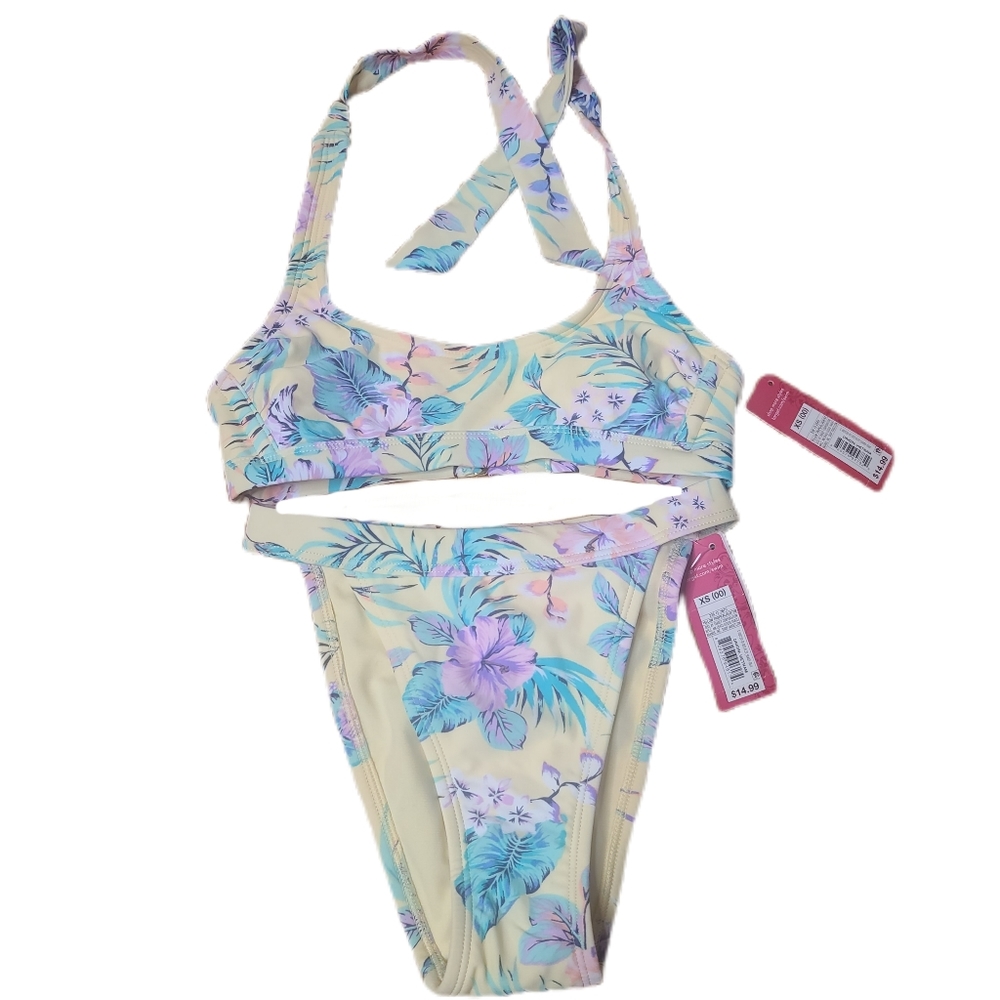 Xhiliration women's swim set 2 piece bikini XS yellow floral print